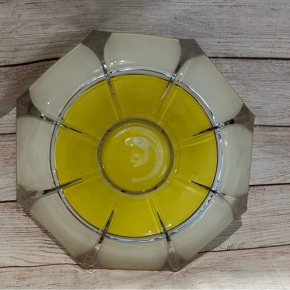 Art Deco Fired On Yellow, White and Silver Large Serving Bowl Decorative Vintage
